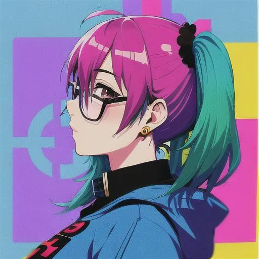 Pop girl, big earrings, profile, colorful hoodie, glasses - Prompt Genius