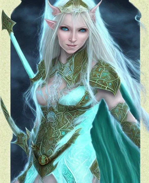 Prompt: Light Blond elf druid woman. She is wearing teal and white dragon armor dress. She carries a druid staff.