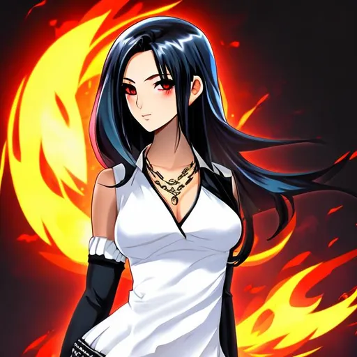 Prompt: Evil anime girl with black hair 
stepping out of a flamey background