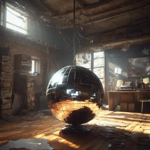 Prompt: {a hanging disco mirror ball in a dusty basement strange consoles covered with old sheets, vacuum tubes and transformers,} 2 point perspective islands in the distance, (volumetric lighting), unreal engine, trending on art station, beautiful, (atmosphere), volumetric cinematic perfect light, high-angle, asymmetric balance 16:9 600 5.2