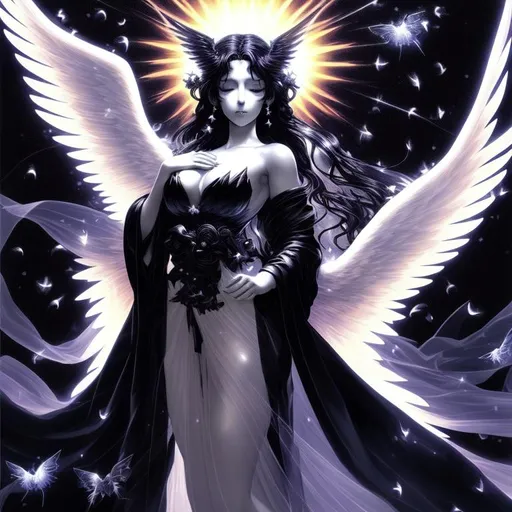 Prompt: bust of a beautiful angel of darkness in the style of Yoshitaka Amano with a long flowing gown, sunshine, two clear wings, light beams, sparkle, digital art, smooth lighting, fireflies, stars, backlit
