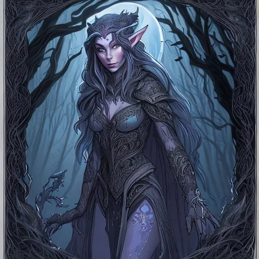 Prompt: "Design an intricate character portrait for a D&D (Dungeons & Dragons) campaign. The character is Valeria Moonshadow, an elven rogue with a mysterious past. She is lithe and graceful, standing against a backdrop of a moonlit forest. Valeria wears dark leather armor adorned with delicate silver engravings, and her hood is pulled back to reveal long, sapphire-blue hair that shimmers in the moonlight. Her piercing green eyes hold a hint of both danger and allure, and a silver amulet hangs from her neck. Around her waist, she carries an assortment of pouches and vials. In one hand, she holds a curved elven dagger with an ornate hilt, while the other rests casually on the hilt of a sheathed shortsword at her side. Captivate viewers with an air of enigma, capturing both her roguish nature and the secrets that dwell within her past."