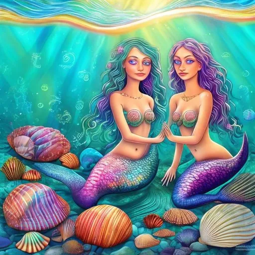 Prompt: Psychedelic mermaids sitting on rainbow rocks, shiny shells and ocean water with sea life animals underneath like dolphins, starfish, sea turtles, fish, 