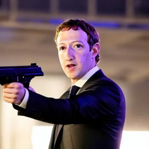 Prompt: bearded protagonist (Mark Zuckerberg) cosplaying as John Wick Zuckerberg in a suit with long hair running in the rain while aiming a pistol shooting a gun in the breathtaking Hollywood action movie “Mark Zuckerberg as John Wick” (2020)