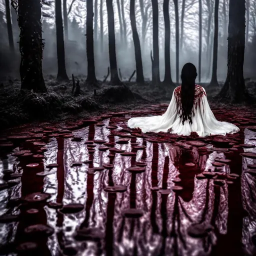 Prompt: Woman wearing blood-stained white dress, sitting in a puddle of blood, crying ,sad, in a blood bleeding forest background,natural lighting, hyper detailed, Beautiful crying black blood bleeding braids  Woman blood braids wearing blood-stained white dress, sitting in a puddle of blood, crying ,sad, in a blood bleeding forest background,natural lighting, hyper detailed 

