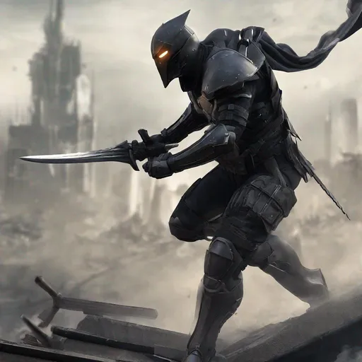 Prompt: Futuristic combat stealth soldier, arkham knight black hood style military helmet, short helmet, sleek helmet, deathstroke, witcher themed armour, iron man style armour swords, post-apocalyptic setting, high-tech and tactical armor, ninja, assassin, assassin's creed, evil, sith lord, supervillain, call of duty, battlefield, shogun, viking, futurism, star wars, the punisher, mandalorian, SAS, navy seals,  weapons, germanic, samurai, dual swords, gritty atmosphere, detailed reflections on armor, best quality, highres, ultra-detailed, futuristic, post-apocalyptic, sleek design, professional, atmospheric lighting, city background, extreme utility on armour, black colour