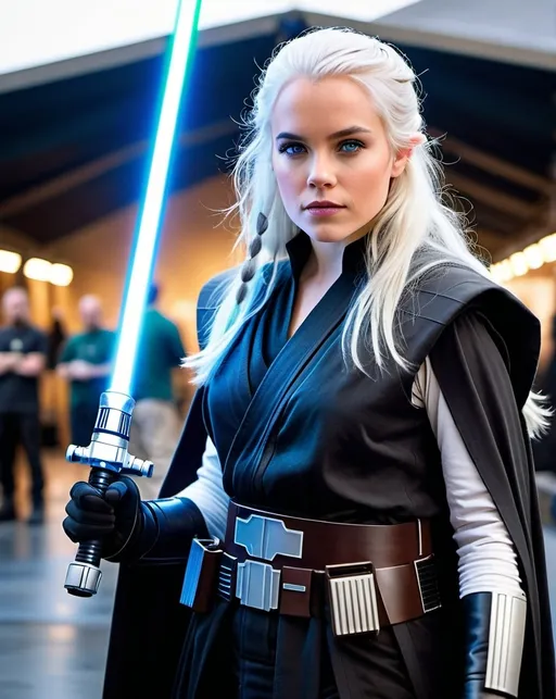 Prompt: Photo of an actress portraying a Jedi Knight (age 25) with long flowing white hair, vibrant green eyes, intricately beautiful face, costumed in black robes and slacks, black boots, and a utility belt with metallic tools, holding a glowing blue lightsaber, standing ready for battle against an Imperial Storm Trooper, elaborate space ship film set, realistic, high-res photo, natural skin tone, professional, cinematic