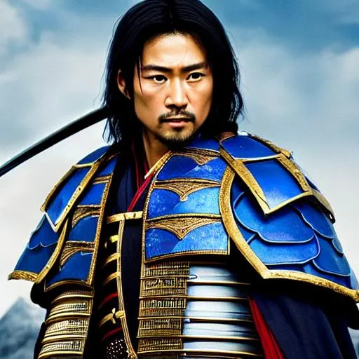 Prompt: Young Hiroyuki Sanada as a Samurai Photorealistic Overdetailed Portrait, Well Detailed face, Blue and White Robes and Armor, Black hair, Detailed Hands, Detailed Twilight Background, Intricately Detailed, Award Winning, Photograph, Film Quality.