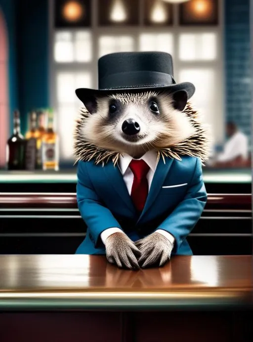 Prompt: photo of a hedgehog dressed suit and tie sitting at a table in a bar with a bar stools, award winning photography, Elke vogelsang