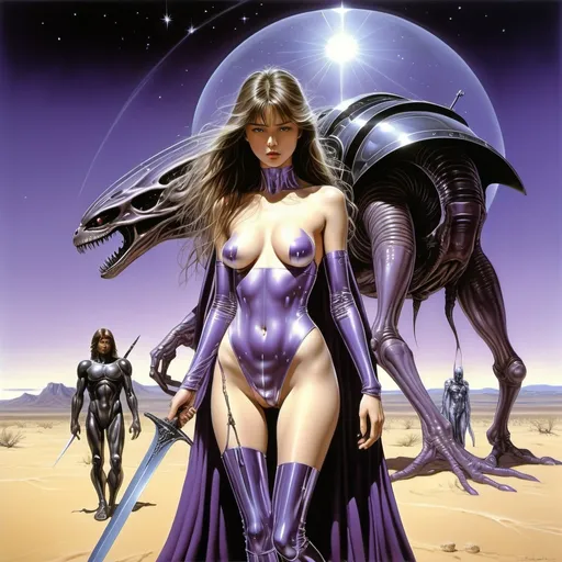 Prompt: Hajime Sorayama, Luis Royo, Surrealism Mysterious strange fantasy. A beautiful girl with long brown hair, a light transparent cape and a perfectly voluminous body stands next to a middle-aged man in a mirrored purple spacesuit holding a sword in his hand.  in the background: a fantastic caravan of alien animals and drivers walking through a sandy desert in another world. dark purple light, bright stars. very detailed