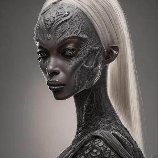 Prompt: portrait painting of a grey female alien that looks like a young Foxy Brown, upper body, ultra realistic, concept art, intricate details, eerie, highly detailed, photorealistic, octane render, 8 k, unreal engine, Emerson Tung, Shaddy Safadi, Kentaro Miura