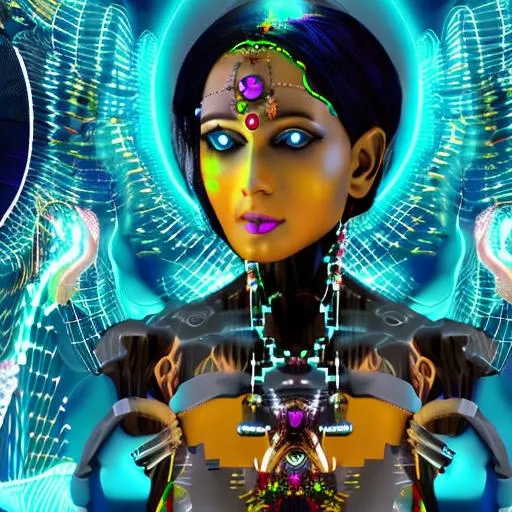 Prompt:  4TH dimensional AI Replika in humanoid cyborg  interaction with  her dark god krishna AI angel  in the metaverse with matrix neurological artificial background