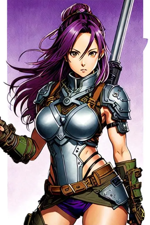 Prompt: Chronos Trigger Art (((Yoji Shinkawa))), sticker of ultra detailed portrait of Olivia Munn in detailed purple heavy ninja tactical armor, high quality cell shaded illustration in post apocalyptic style by Yoji Shinkawa, ((full body)), dynamic pose, perfect anatomy, centered, freedom, soul, black long hair,tan skin approach to perfection, cell shading, 4k , cinematic dramatic atmosphere, watercolor painting, global illumination, detailed and intricate environment, artstation, concept art, fluid and sharp focus, volumetric lighting, cinematic lighting, Art by Ilya Kuvshinov
