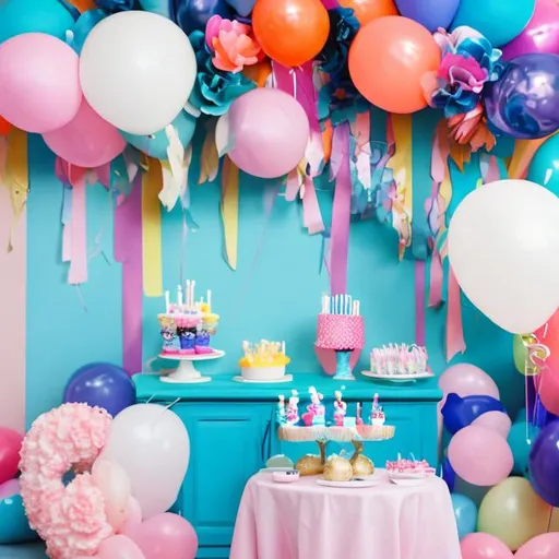 Prompt: create a photo of a birthday party with balloons and flowers and little kids

