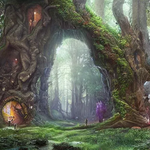 Prompt: A doorway to a magic forest, concept art, detailed, giant trees, giant animals, tiny people, tribal, feral, wild, wolves, wolfkins, tribes, realistic, root caves