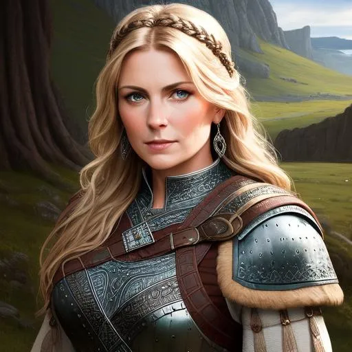 Prompt: Face Portrait of a epic character female forty-year-old dansk heroine,  large chest, intricate physique, brown viking hair, tanned capri-pants armour "authentic viking clothes"  "white tunic" oil painting style, Norse style, Caravaggio Style, high quality, masterpiece,  highres, beautiful, handsome, biceps, UHQ  oil on canvas, cyan and brown, neon, inksplatter, acrylic painting, dynamic pose, belts,
sandals, architecture background, dramatic lighting, divine proportions 