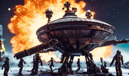 Prompt: old rusty spaceship getting repaired  by robots ice planet sparks fire welding people working 