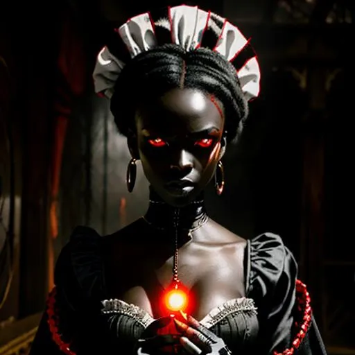 Prompt: An African vampire woman with eyes glowing red wearing a long white vintage with long sleeves with a black corset using your psychokinetic powers, photo, character, victorian, dystopia, industrial, messy, upper body, serious face