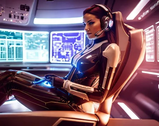 Prompt: a spaceship cyborg pilot in a latex suit, laying down in a chair, in a cyberpunk setting, cyborg, implants, high details, realistic , professionally colour graded, photorealism, 8k, grim dark lighting, art by the Caravage