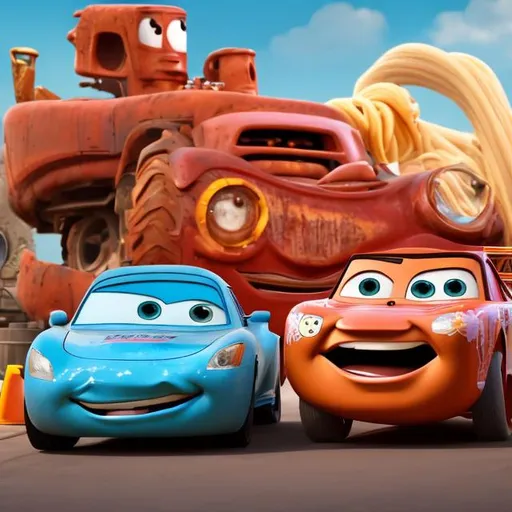 Prompt: sally from cars, car wash, extra soapy, lightning mcqueen watching from a window, bumper stickers, 4k, hd, tow mater, larry the cable guy, 1080p, asparin