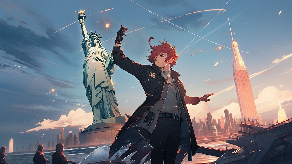 Tartaglia from Genshin Impact standing on the top of lady liberty with his hands raised high in the 