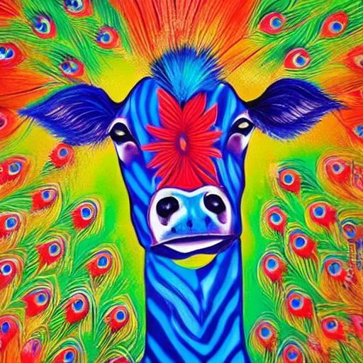 Prompt: A bright, vibrant, dynamic, spirited, vivid painting of a dairy cow with peacock pattern. 