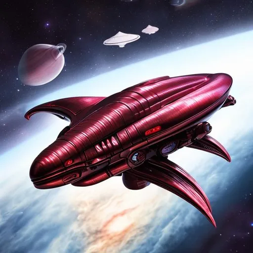 Prompt: A metallic red alien space ship flying through space.  flat, symmetrical, 4k, hyper-realistic, Star Trek