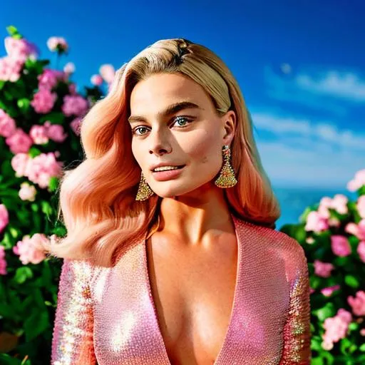 Prompt: High quality picture of Margot Robbie wearing a high detailed inspired pink Barbie Prada outfit in a Barbie world background
