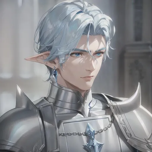 Prompt: male sea elf , light blue medium hair, very handsome thin face, medium  hair, dnd, blue eyes , straight eyebrows, viking hairstyle, chainmail armor, earrings, holy emblem, 
perfect composition, photo realistic, super detailed, high quality, sharp focus, studio photo, intricate details, highly detailed