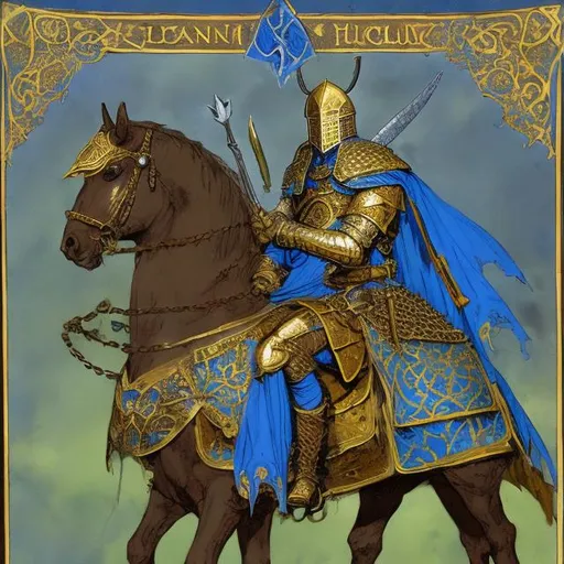 Prompt: a mounted knight wearing a blue tunic and a blue cloak, a swt of golden chain mail and a golden horned greathelm, having a laurel colored green