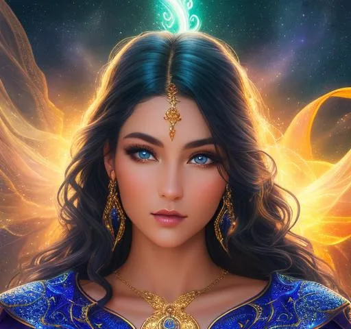 Prompt: Scorpio embodiment, Fantasy style, {{highest quality art masterpiece}} a hyper realistic detailed image of a celestial feminine woman, covered in nightly glow, body facing camera, perfect composition, super detailed, sharp focus, Highly Detailed, Hyperrealistic, sharp focus, Professional HDR, UDR, 120k , long wavy hair, amber eyes, in a dark blue + green aurora borealis night-time fantasy background, no jewelry, Epic, heroic, protagonist, dramatic lighting, galaxy, universe + immense detail + dramatic lighting + well lit + black, character sheet, + fine esoteric symbolism | ultra - detailed realism, soft cinematic lighting, high - quality, engraved | highly detailed |digital painting, artstation, concept art, smooth, sharp focus, Nostalgic, ethereal, 8k, hyper detailed, intricate detail, photorealistic 
