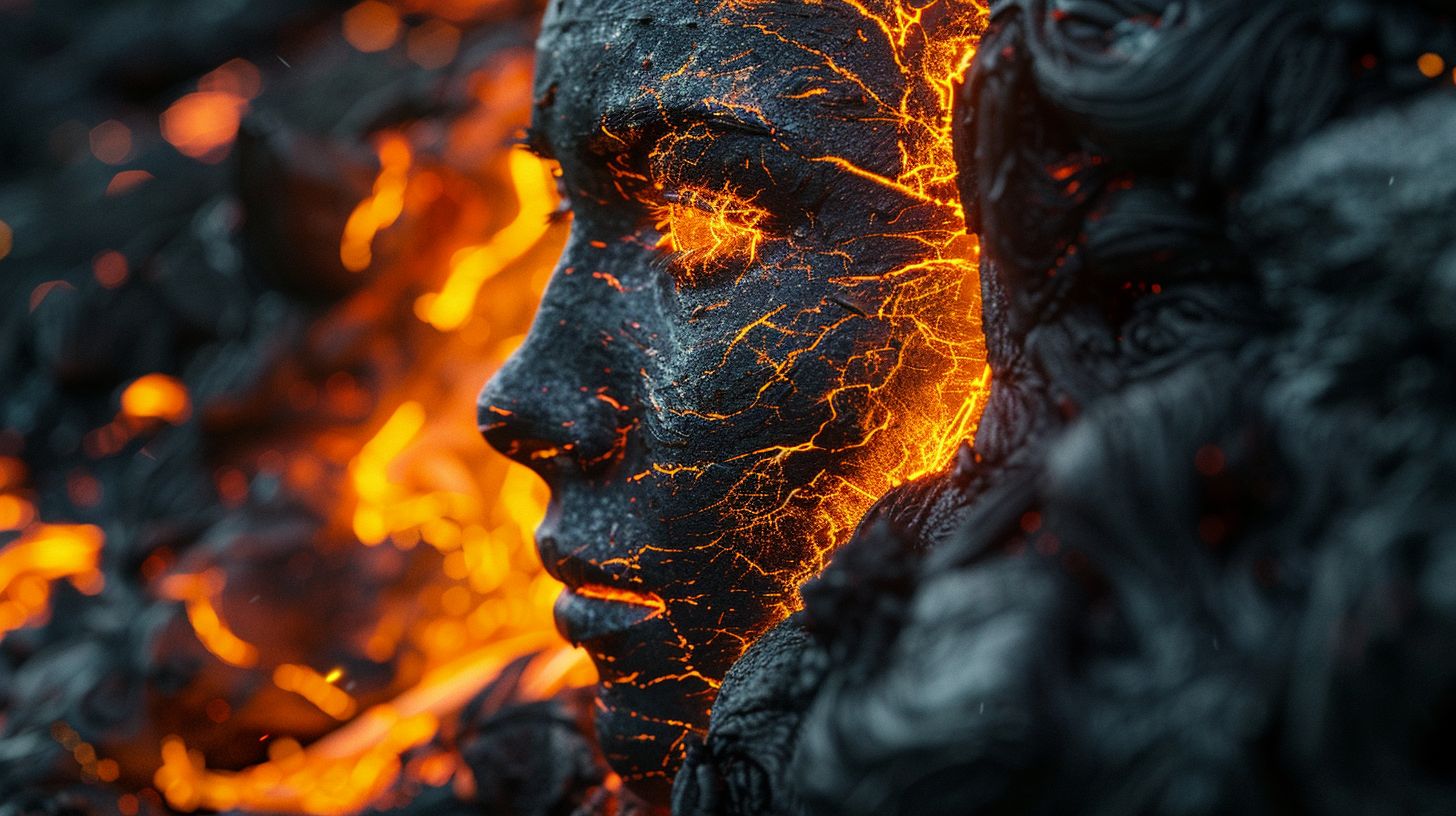 Prompt: Portrait of a glass face emerging from lava, with fiery liquid flowing within its transparent features.