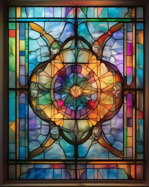 Prompt: A modernism-inspired artwork with dreamlike floating elements and vibrant colors, resembling a stained glass window. Capture the image with diffused lighting for a mystical ambiance.
