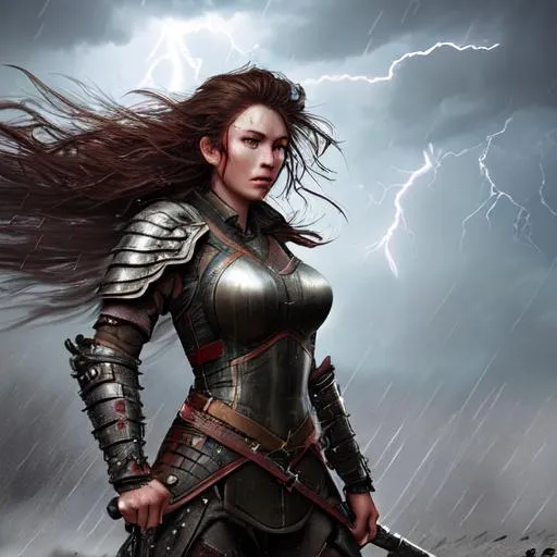 A woman warrior on the battlefield, a thunderstorm,... | OpenArt