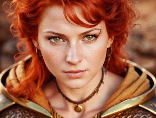 Prompt: WETA Digital 3D Rendered High-Angle Close-Up View of Shiris, Fiery-Redheaded Medieval Mercenary. Intense Gaze, Determined Expression on her Strikingly Beautiful Young Face. Piercing Almond-Shaped Eyes. Golden Metal Choker. Brown Cloak. Octane Render