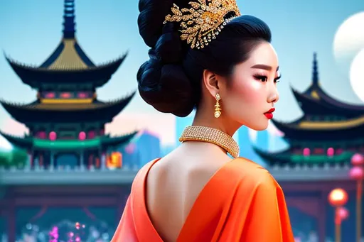 Prompt: head-on, surreal cartoon, high fashionista pose, glossy, walking toward viewer, stunning Chinese queen with hair pulled back into a bun, she is dressed like a summer queen, dramatic jewelry, statement necklace, background is architecture lit by the moon,  trending on artstation