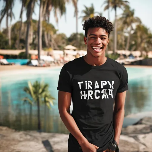 Prompt: A young man, realistic, happy, full body,  look on camera ,on vacation ,wearing a black t-shirt