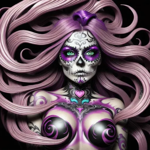 Prompt: Beautiful freeform dark chaos vivid bold, 3D, HD, [{one}({liquid metal {one}{Sugarskull}female, Beautiful big {heart-shaped}reflective eyes, long flowing hair, beautiful hands]::2, (clouds) with {purple gold pink green red silver blood}ink), ultra detailed full body artistic photography, detailed rugged Gorgeous detailed face, shadows, oil on canvas, brush strokes, ultra sharp focus, ominous, matte painting movie poster, golden ratio, epic, intricate, cinematic character render, hyper realistic, 64K --s98500