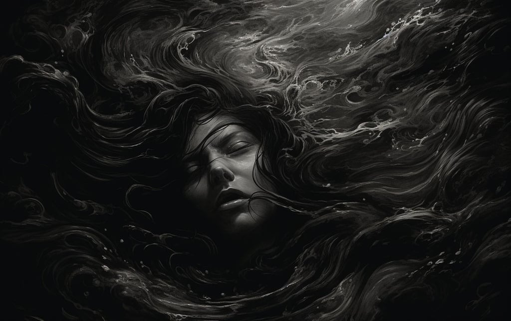 Prompt: horror, darkness, creepy, image, in the style of fluid landscapes, tumblewave, gothcore, dramatic figurative, hauntingly beautiful, swirling vortexes, textured illustrations