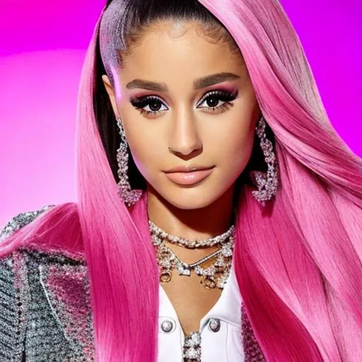 Prompt: Ariana Grande with a Barbie Chanel pink look