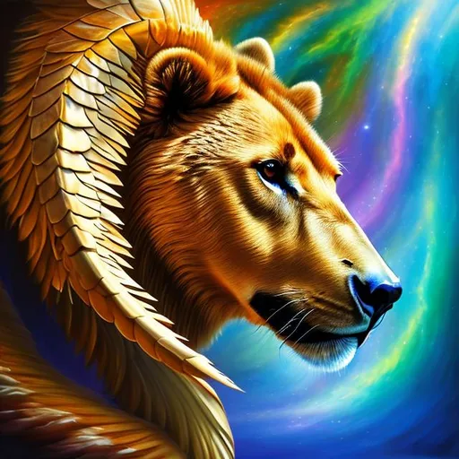 Prompt: (masterpiece, professional oil painting, epic digital art, best quality), A Turtle's Shell, a Lion's Mane, the Hindlegs of a Horse, the Wings of a Dragon, the Body of a snake, the Paws of a Bear