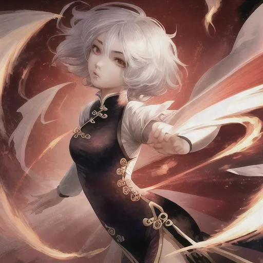 Prompt: incredibly detailed picture of a Chinese girl with short white hair with a wind element flying in the air