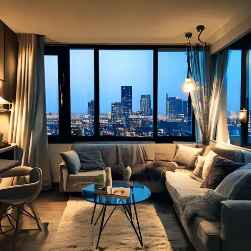 Prompt: cozy living room in downtown condo with window night scene