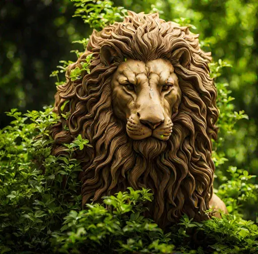 Prompt: A sculpture of a lion in the jungle. Wood carving and green plants tapestry. Best quality, highly detailed, cinematic smooth.