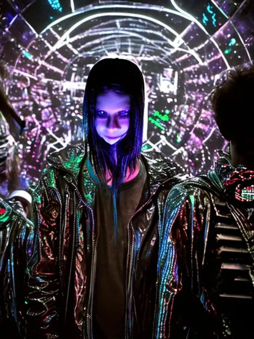 Prompt: realistic 90s acid  Futuristic technology teen aliens at dark warehouse rave party raver