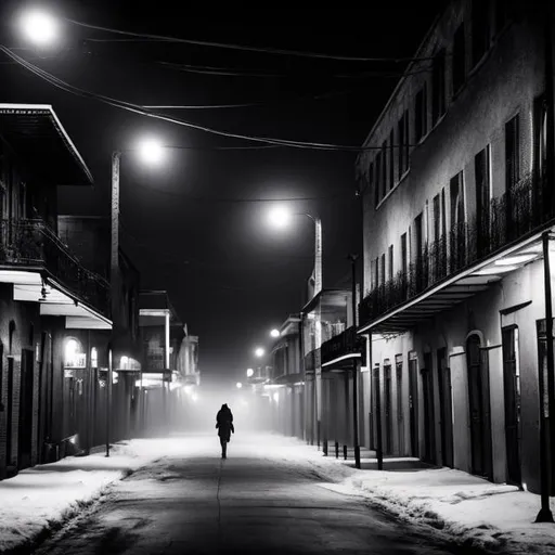 Prompt: Walking alone in a mysterious, ominous modern city that is similar to silent hill with all the fog and snows. Located in New Orleans. Creepy ghosts lurking around the town looking for victims to terrorize with their fear. A man just rumoring around the city to find someone while encountering ghosts. Black and white, horror, landscape, hopeless, death, depressing, Zdzislaw Beksinski