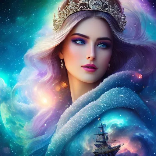 Prompt: create photograph of beautiful winter princess with sunglasses on, extremely detailed face, space and planets an nebulae in sky highly detailed, extremely detailed environment, extremely detailed background, extremely detailed skin, natural colors , professionally color graded, photorealism, 8k, realistic, moody lighting, ambience lighting, complex filigree, galactic environment, volumetric lighting