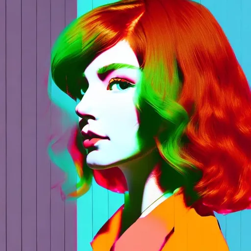 Prompt: long profile of a red haired woman walking away, in a restaurant in tokyo, realistic, futuristic, 4K, in the background the metaverse, neon, in the style of Andy warhol, vibrant pastels