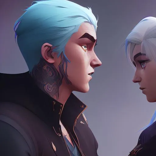 Prompt: hyper realistic ((whole body)) female ((white hair)), male ((blue hair)), beautiful couple romanticly involved and tattooed,highest of detail quality