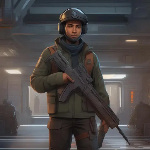 Prompt: Full body. Whole figure. a resistence soldier from Battlefront II pc game. He wears an helmet. In background a scifi station deck. star wars art. rpg art. 2d art. 2d. well draw face. detailed.